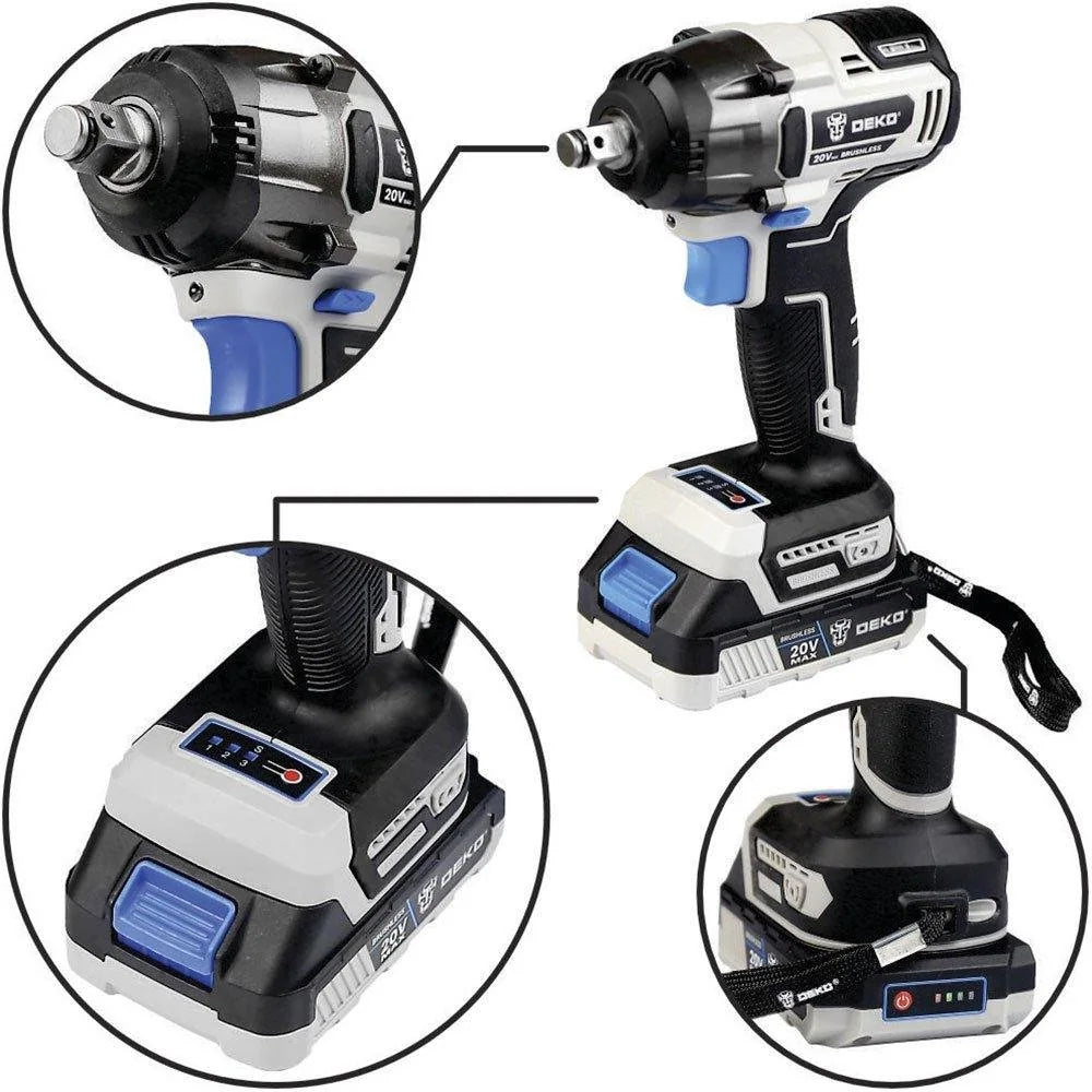 Chave de Impacto Parafusadeira Brushless 1/2 Pol com Bateria Lítio-Íon 2Ah 20V Carregador e Acessórios DEKO-DKBW20XL01-H