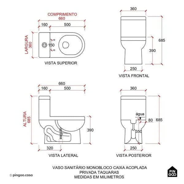 Vaso Sanitário Monobloco Caixa Acoplada Privada Taquaras Pingoo.casa - Branco