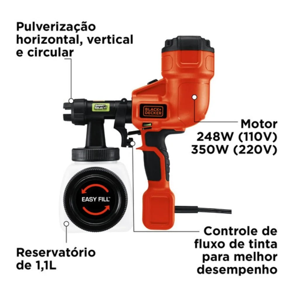 Pistola de Pintura e Pulverizador Alto Volume e Baixa Pressão HVLP 350W 220V BLACKDECKER-BDPH200B