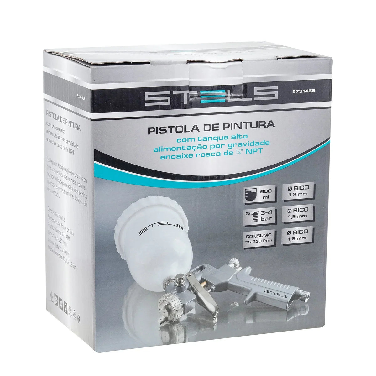 Pistola de Pintura 600ml Bico de 1,2 / 1,5 e 1,8mm Tanque Alto Stels