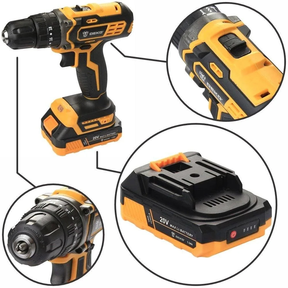 Furadeira e Parafusadeira de Impacto 3/8” 20V com 2 Baterias 1.5Ah, Carregador e Maleta com Acessórios DEKO-DKCD20ID01-5S3