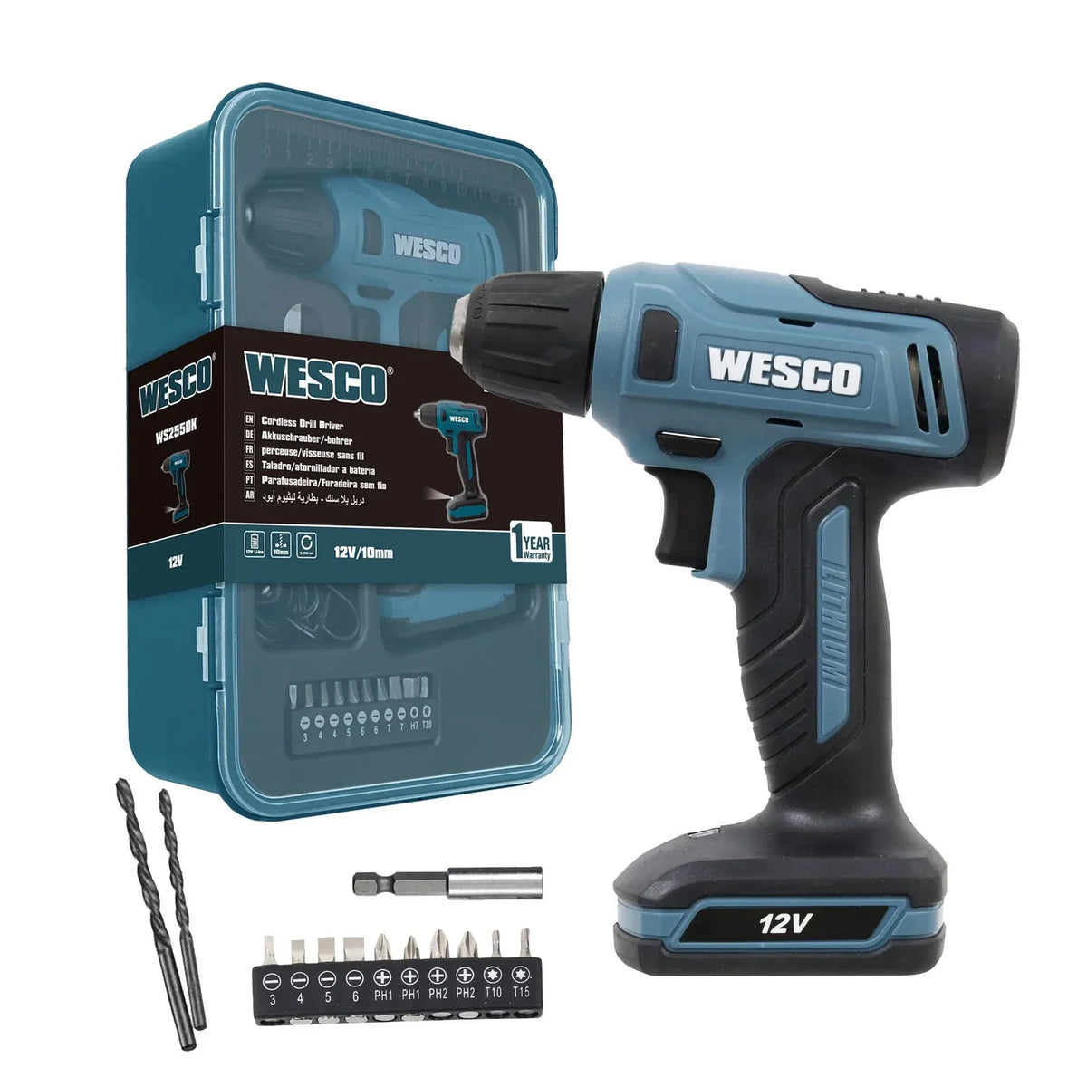 Furadeira e Parafusadeira Wesco WS2550K a Bateria 12V 3/8" com Carregador e Acessórios