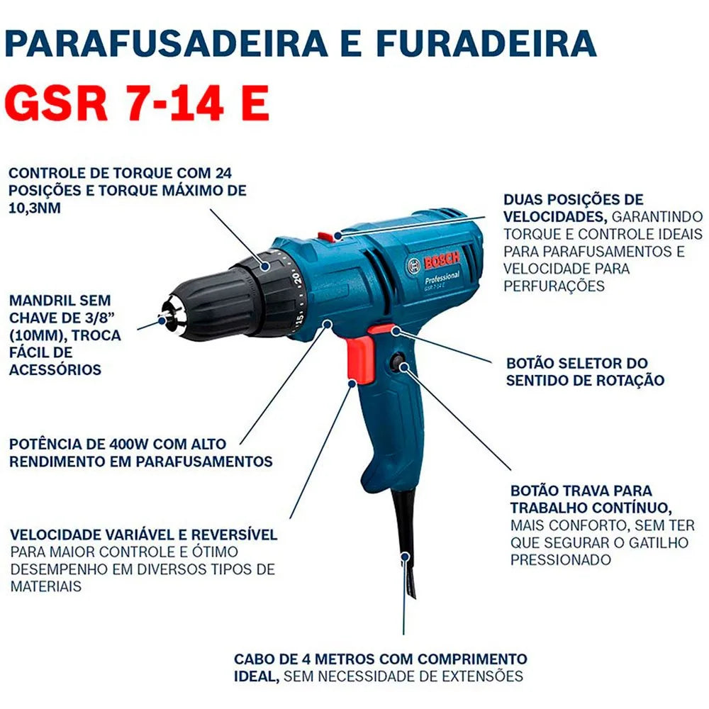 Parafusadeira e Furadeira GSR7-14 E 3/8 Pol 400W 220V com Cabo de 4M BOSCH-06014470D0-000